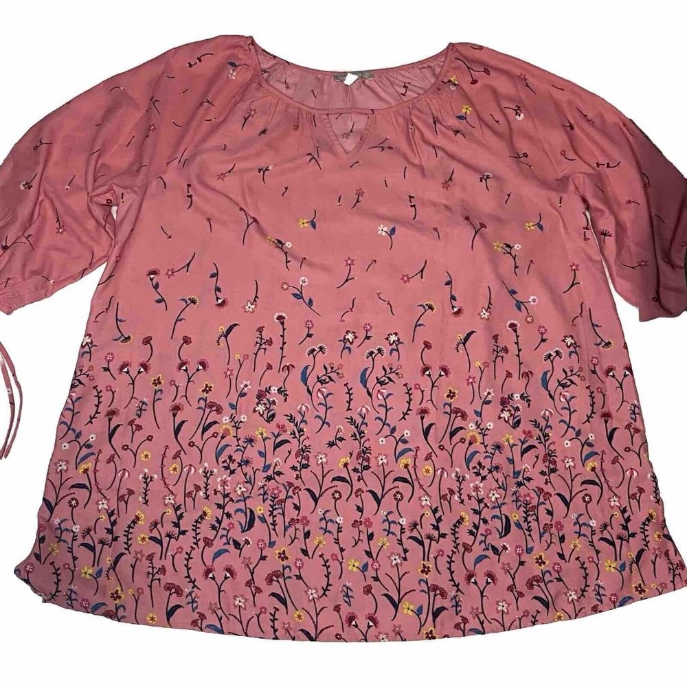 Woman Within Pink Floral Size 18 Flowy Blouse Puff Sleeve With Bow Scoop Neck